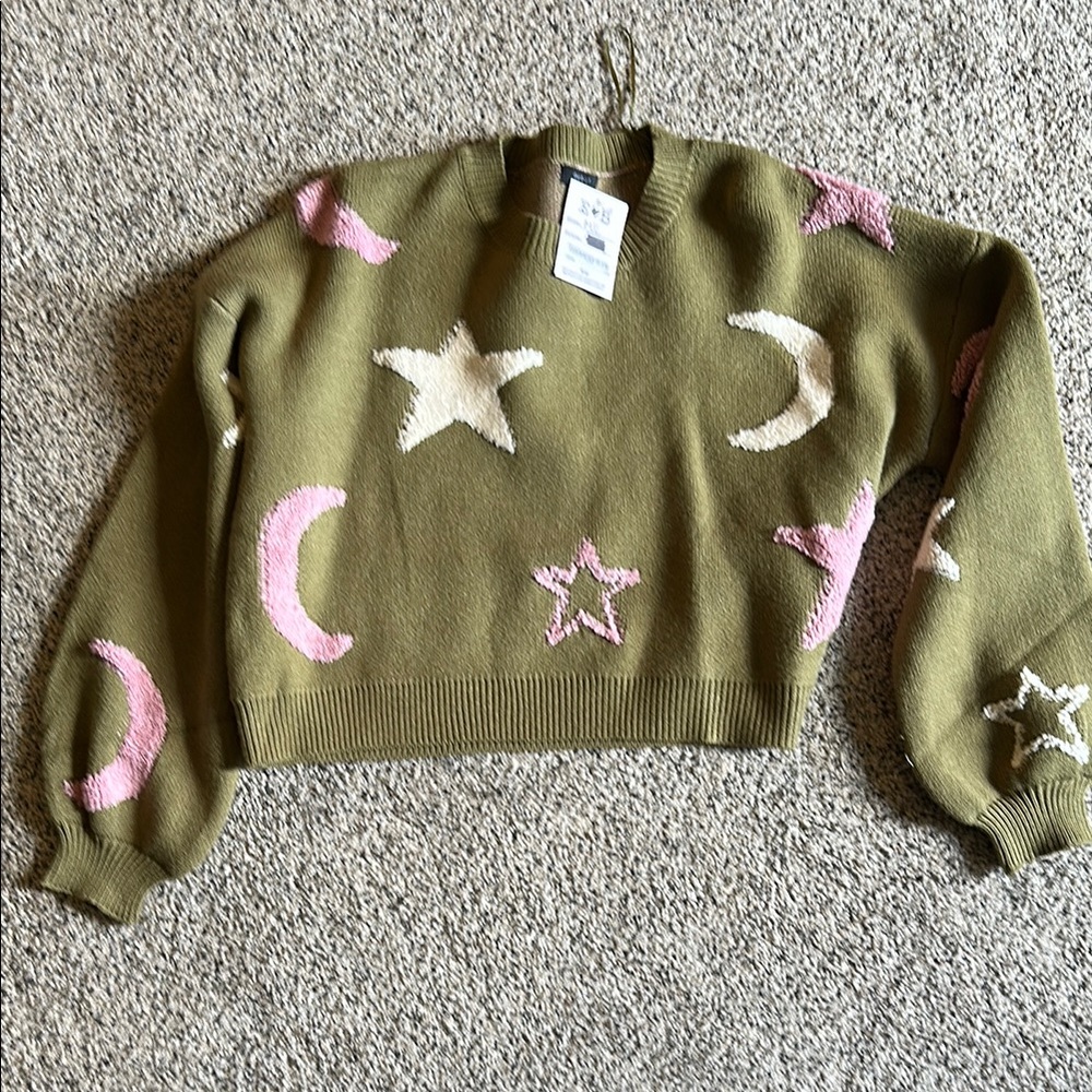 Olive Green Sweater with Pink and White Star and Moon Design